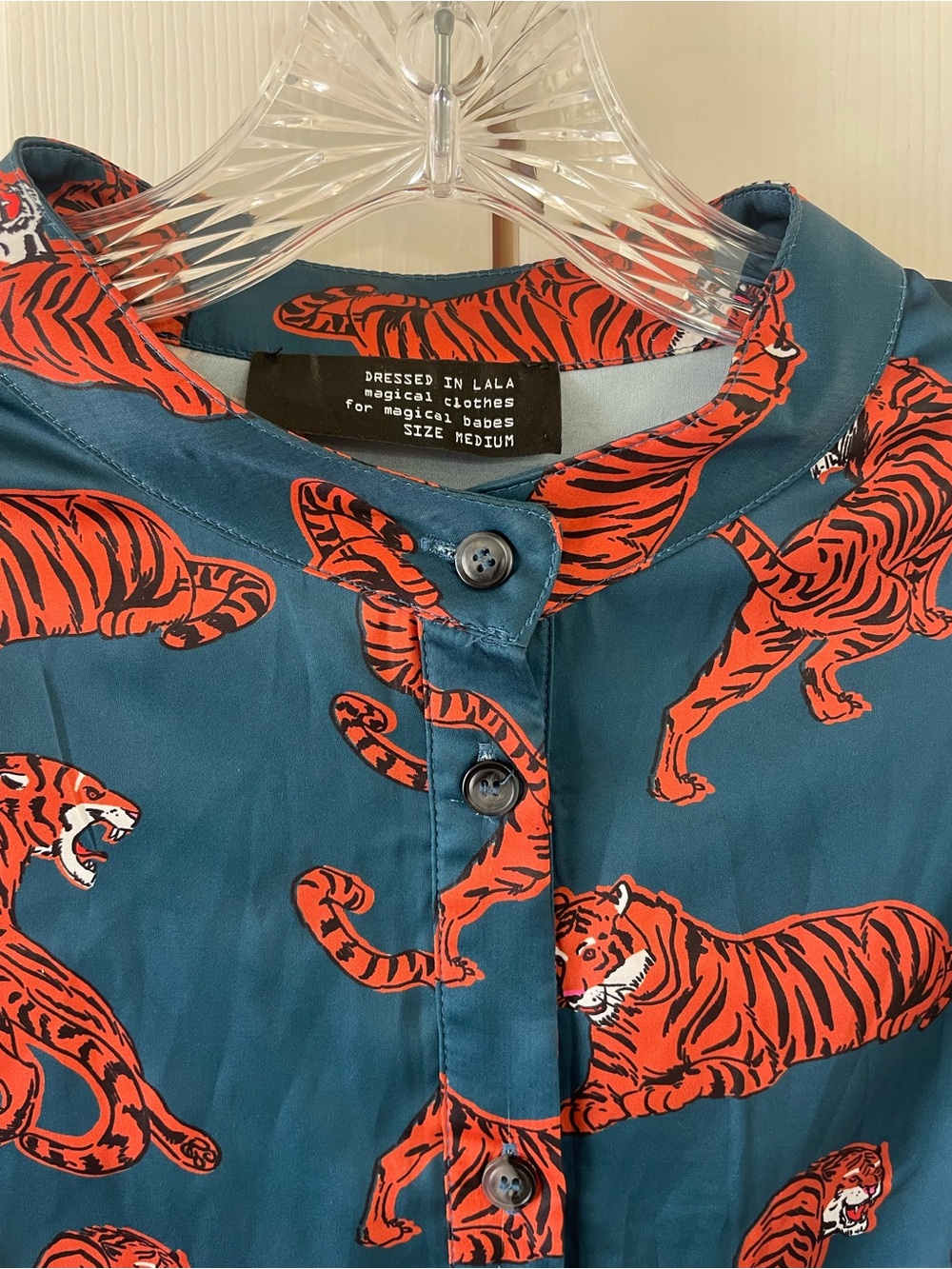 Dressed in LALA Tiger Tales Satin Oversized Button Down Shirt Teal Size Medium - Picture 4 of 16